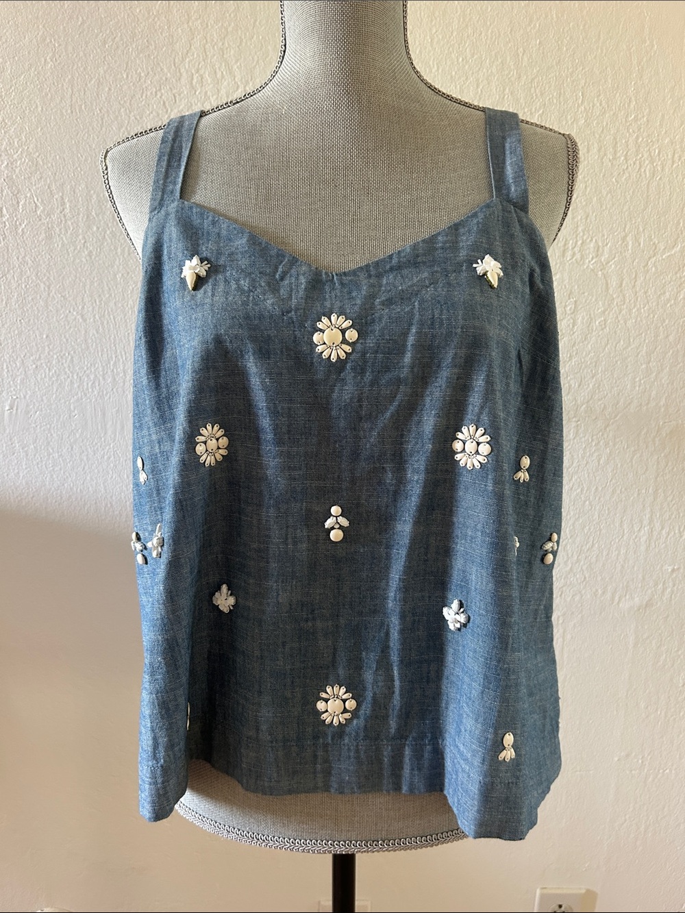 J. Crew Blue Cotton Chambray Embellished Tank with Tie Straps Size 10